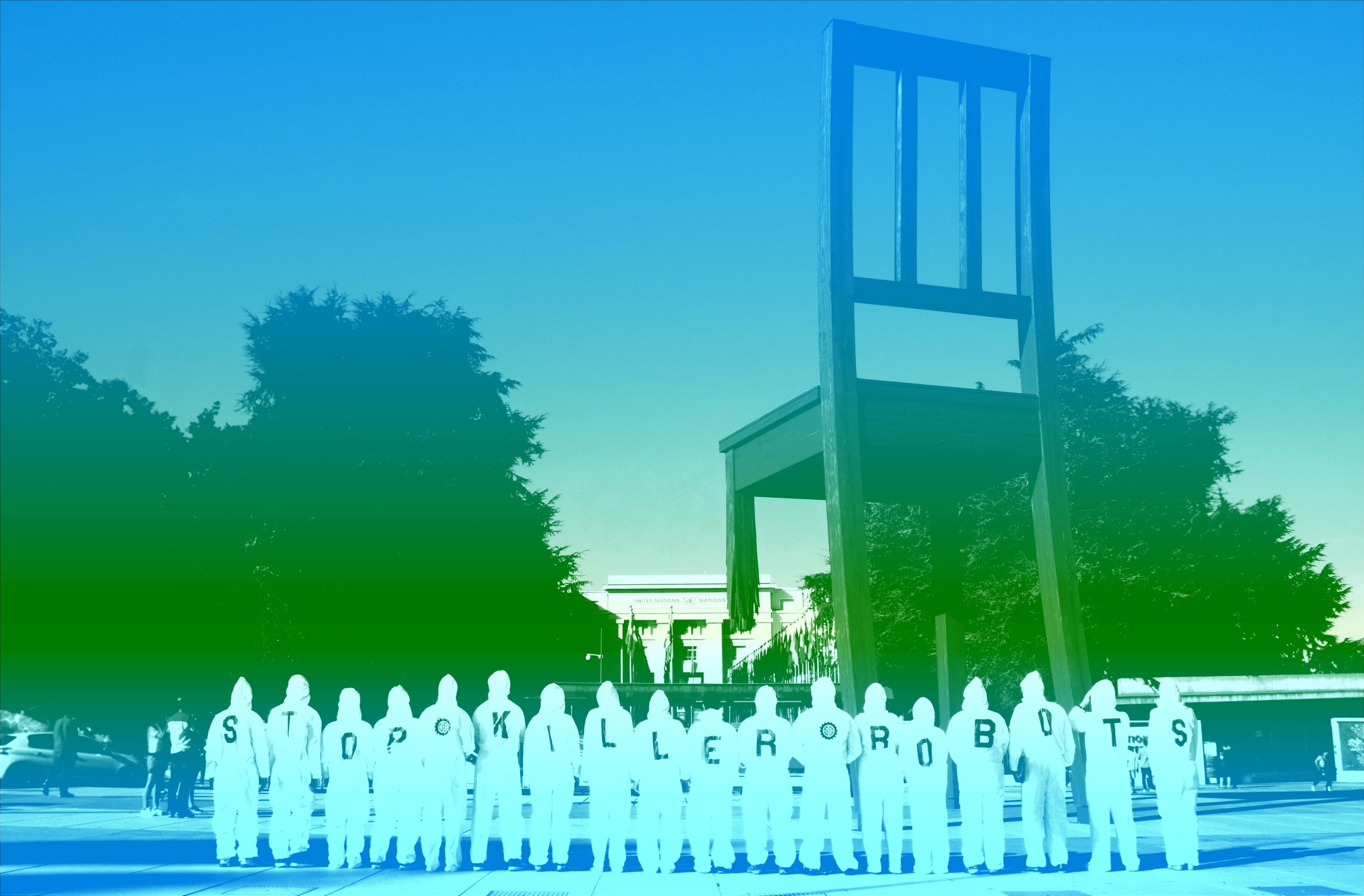 A blue and green colour filter overlayed on people in boiler suits with the letters STOP KILLER ROBOTS stand in front of the 