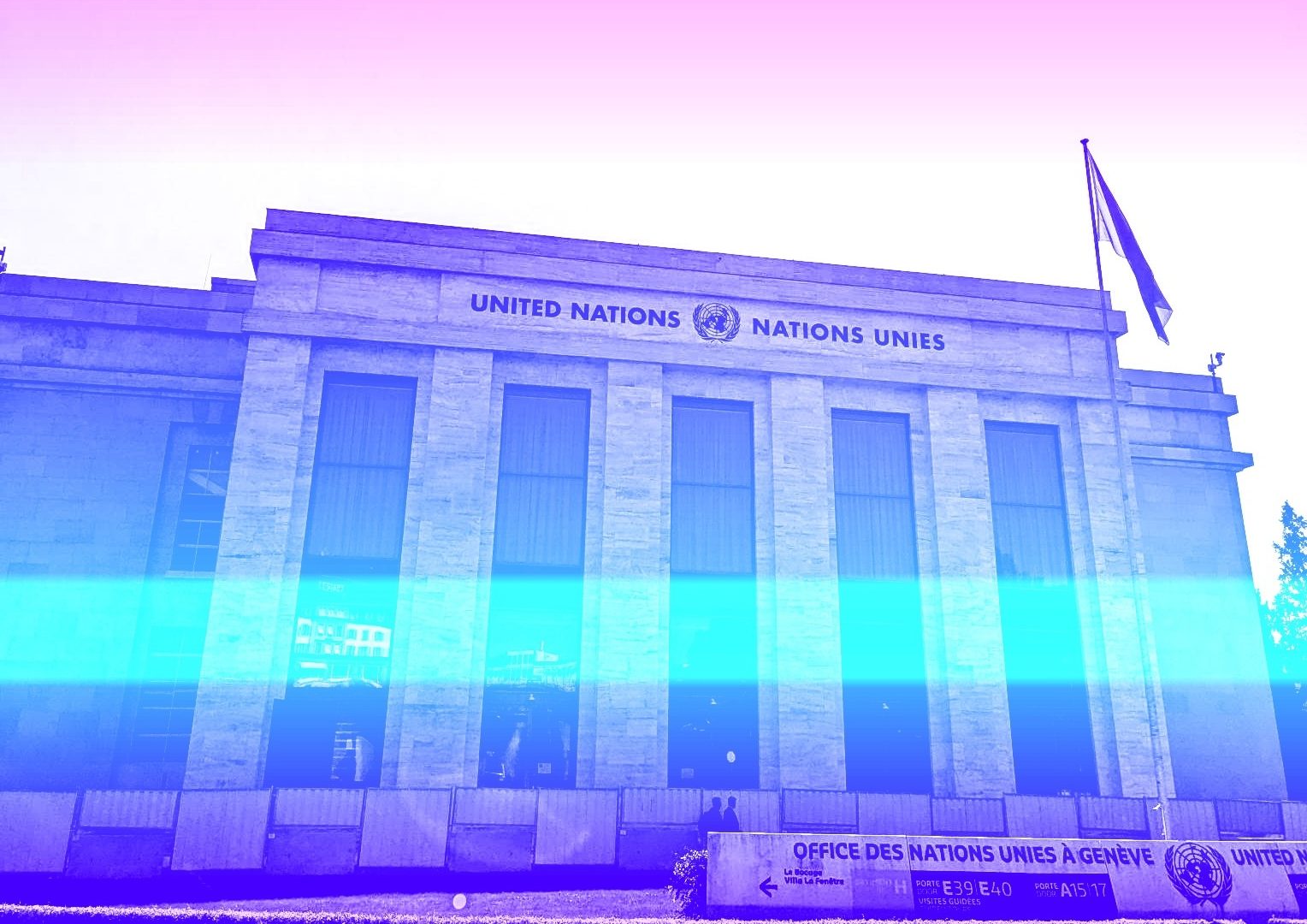 A United Nations building in Geneva with a pink, purple, white and blue colour filter overlay