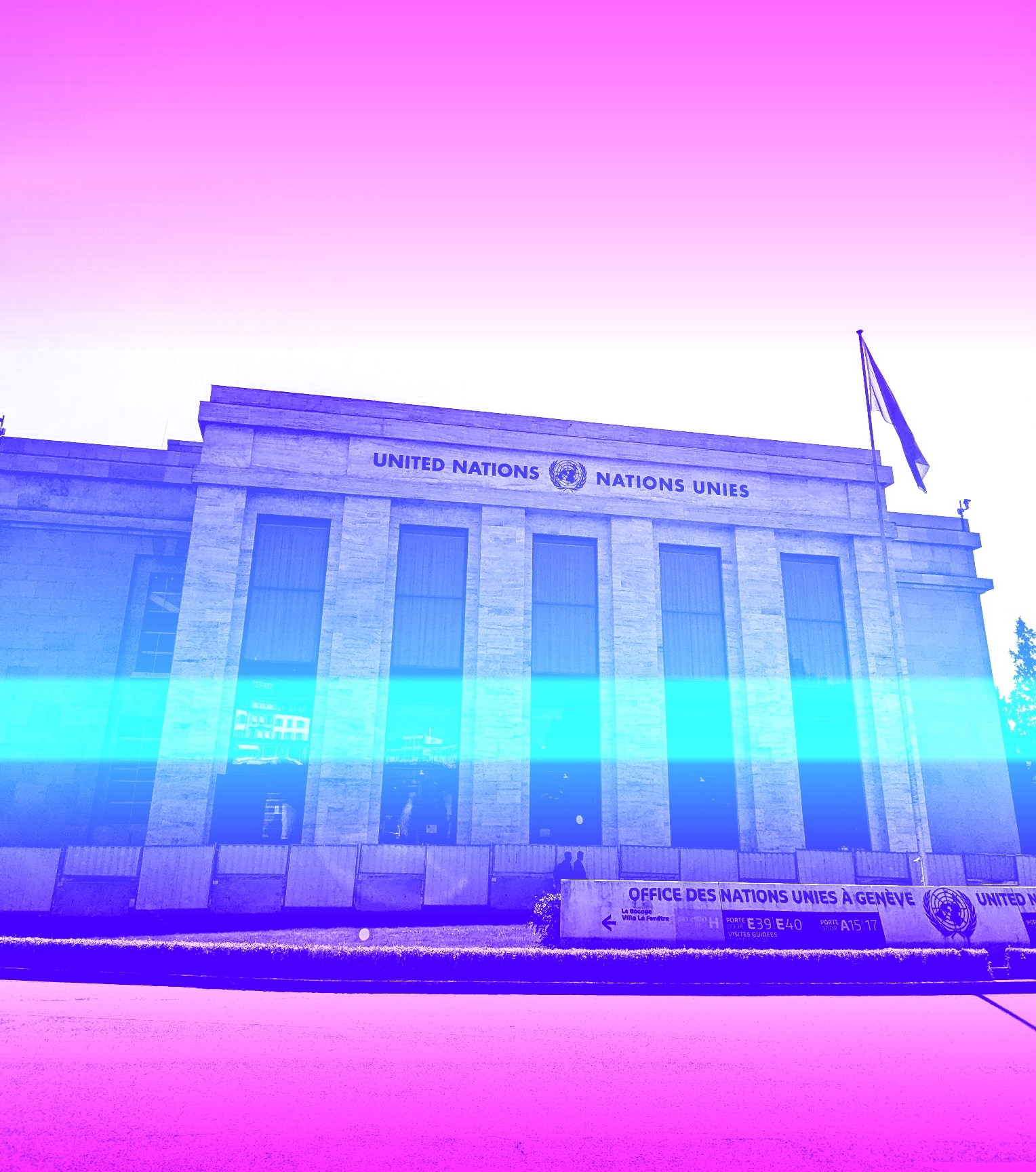 A United Nations building in Geneva with a pink, purple, white and blue colour filter overlay